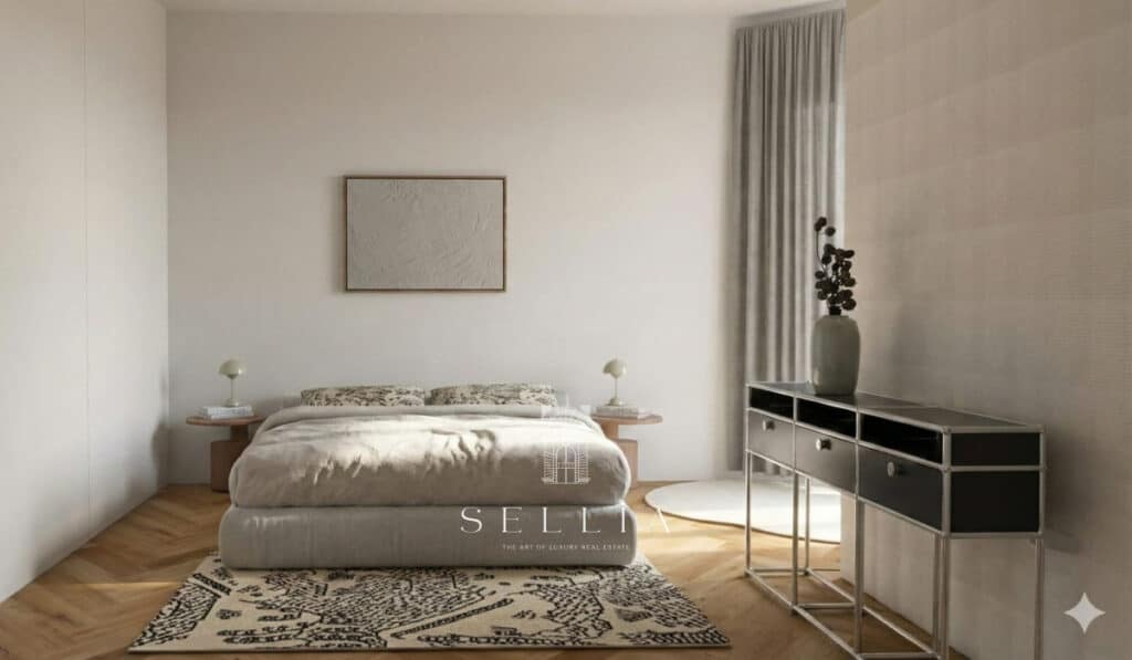 Sypialnia w apartamencie w kamienicy na ul. Hoża, nowoczesny i przestronny wystrój.