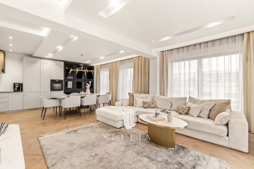 Penthouse z tarasem w Miasteczku Wilanów, luksusowe wnętrza i panoramiczne widoki.